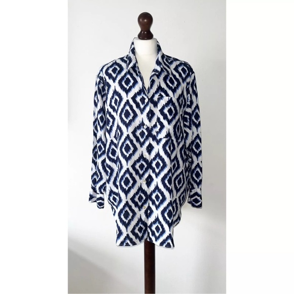M & S PURE LINEN BLUE & WHITE ABSTRACT OVERSIZED COLLARED LONG SLEEVE BLOUSE - Picture 4 of 9